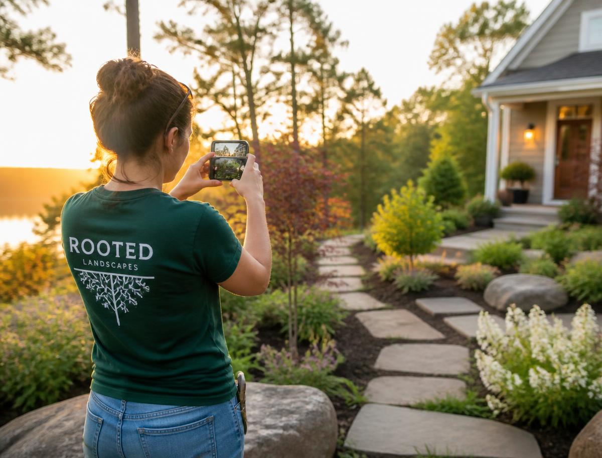 A landscaper photographing a finished garden project at golden hour