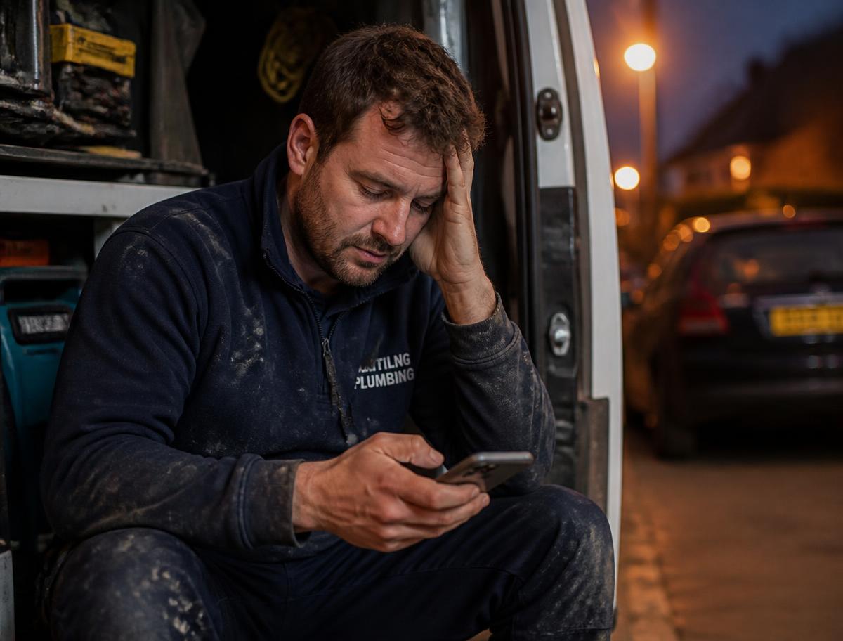 A tired tradesperson sitting in his van at dusk looking at his phone